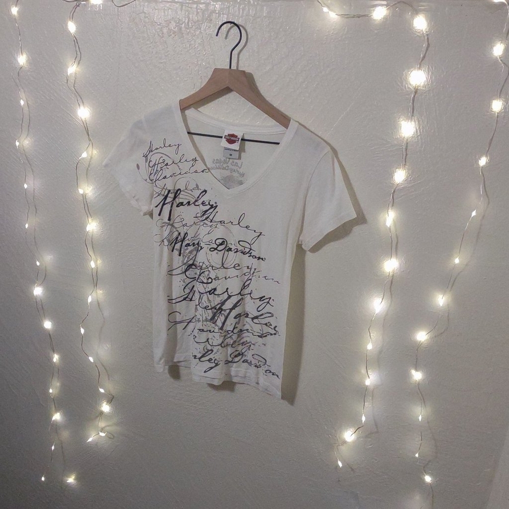 HARLEY DAVIDSON SCRIPT LOGO SEXY LOW CUT ALL OVER PRINT TSHIRT SIZE MEDIUM